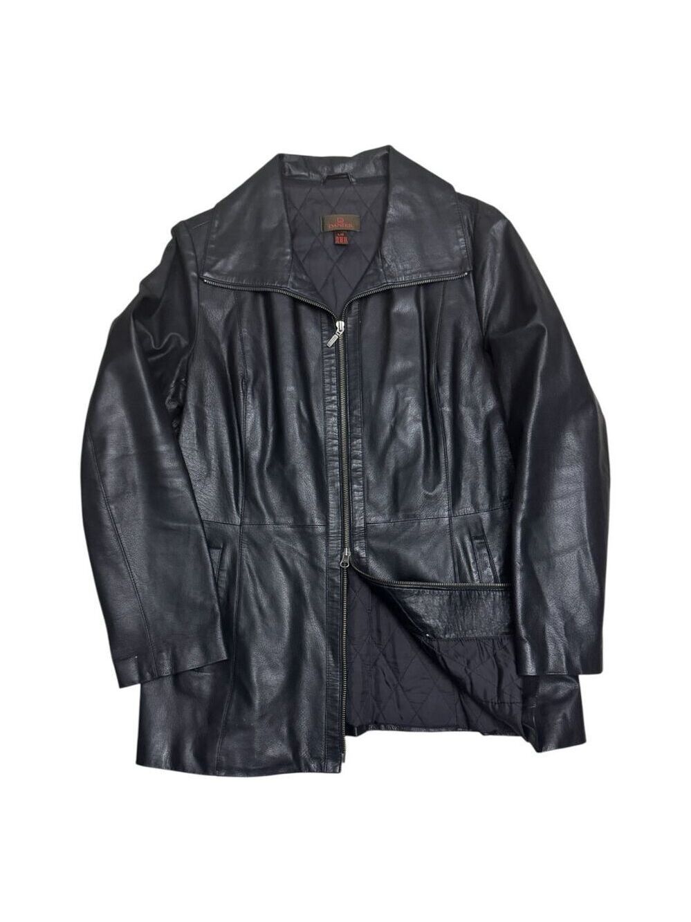 DANIER LEATHER Vintage Y2K Business Casual Black Trench Jacket Coat Womens Large